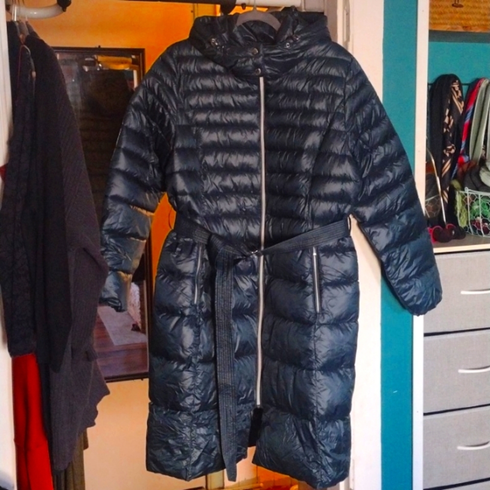 emerald green cole haan long belted puffer coat women's size xl